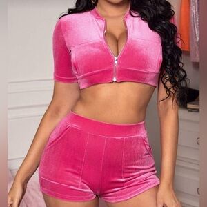 SHEIN Pink Velvet Crop Top and Shorts Set